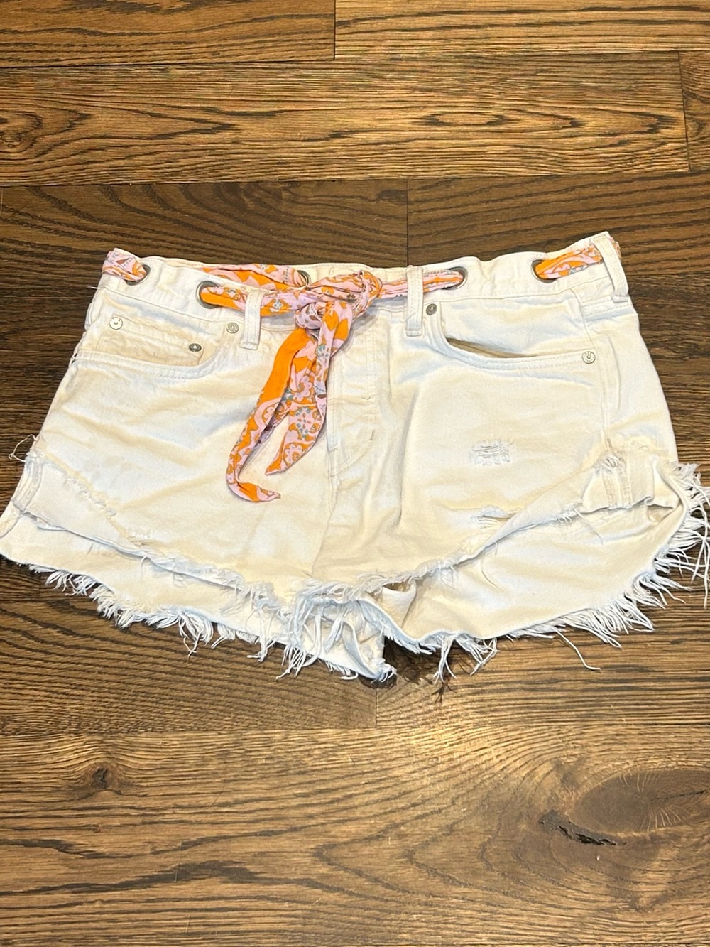 We The Free White Frayed Denim Shorts with Orange Accent Scarf